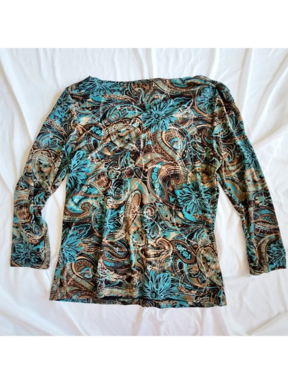 Vintage Paisley Floral Top Teal & Brown Size S 90s Y2k Whimsygoth